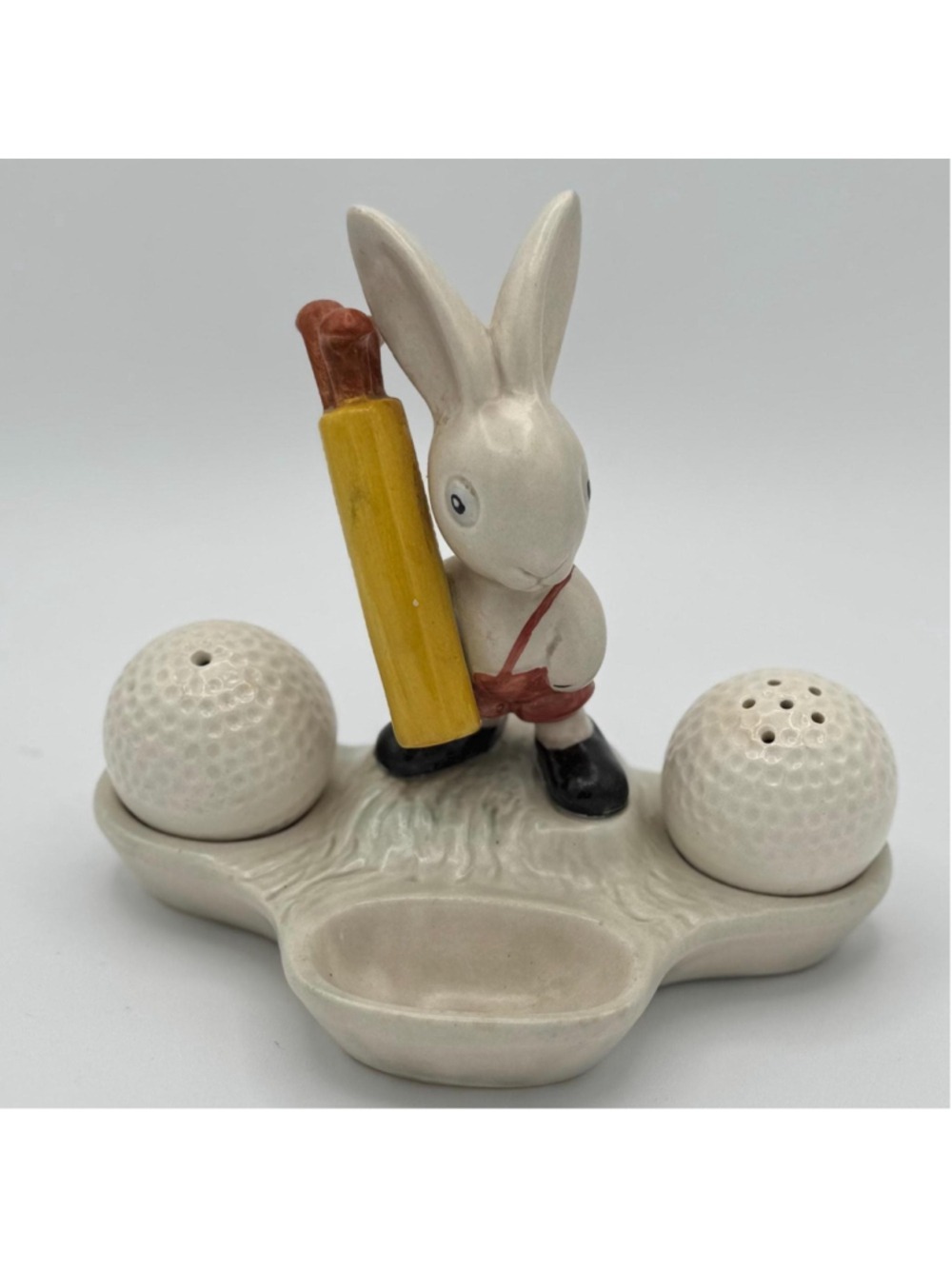 Vintage M.J. Wood Golf Rabbit Salt & Pepper Shakers Burslem England Bunny Cruet